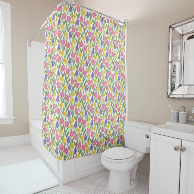 Tulips, Daffodils, Hyacinths Coloring Style Shower Curtain (In Situ)