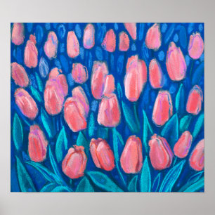 Tulips Field, Spring Flowers Floral Art Red Blue  Poster