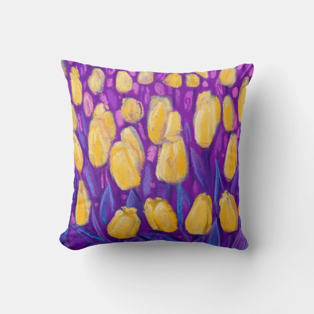Tulips Field, Spring Flowers Floral Yellow Violet Cushion (Front)