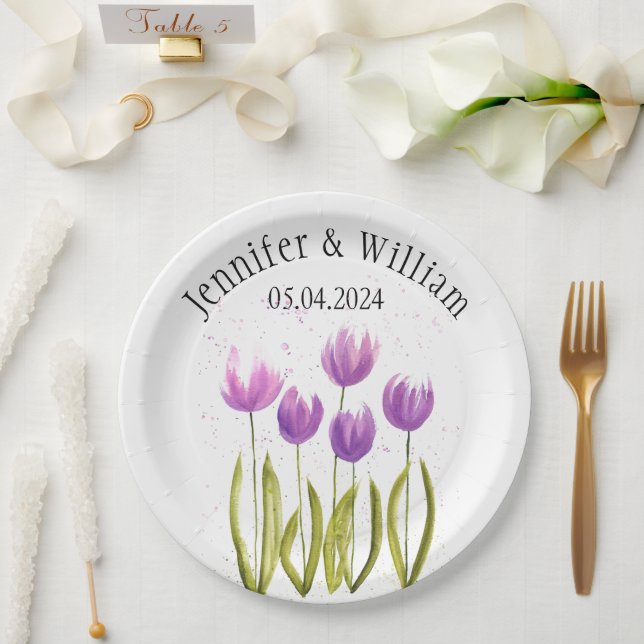 Tulips Flowers watercolor Spring Rustic  Wedding Paper Plate (Wedding)
