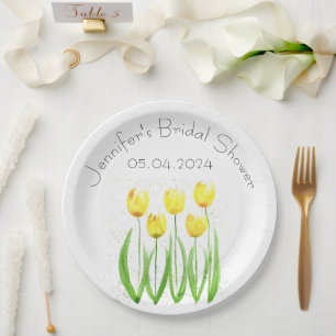 Tulips flowers watercolor Yellow Bridal Shower Paper Plate