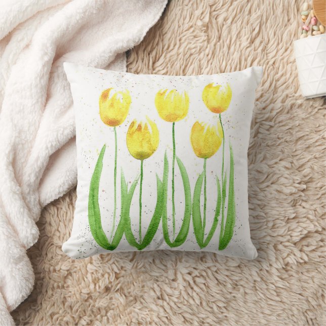 Tulips flowers watercolor yellow elegant girly cushion (Blanket)