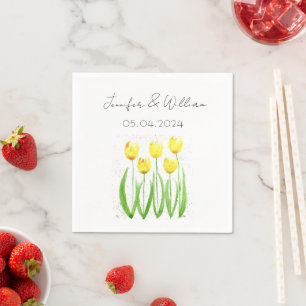 Tulips flowers watercolor Yellow Rustic Wedding Napkin