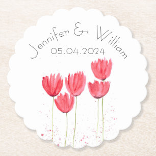 Tulips flowers watercolor Yellow Rustic Wedding Paper Coaster