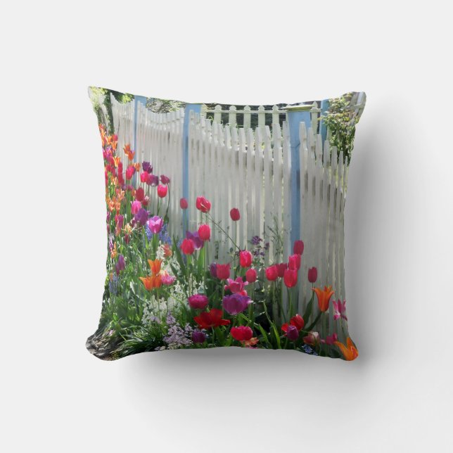 Tulips garden along white picket fence pillow (Front)