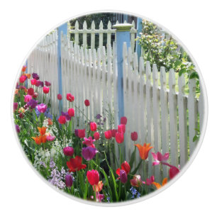 tulips garden white picket fence Cape May NJ photo Ceramic Knob