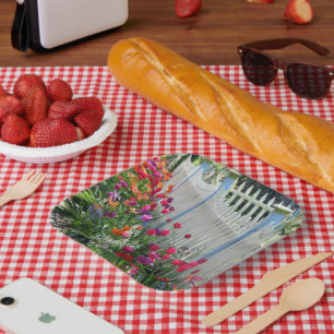 Tulips garden white picket fence paper plate