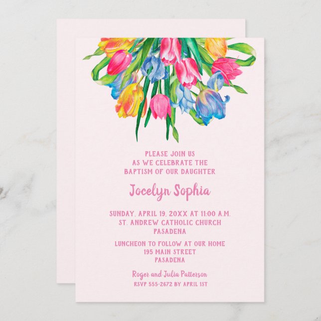 Tulips Girl Baptism Christening Invitations (Front/Back)