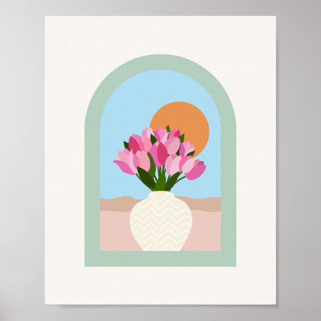 Tulips In A Vase Pink Blue Green Floral Poster (Front)