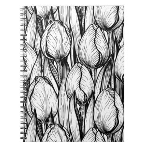 Tulips in black and white notebook
