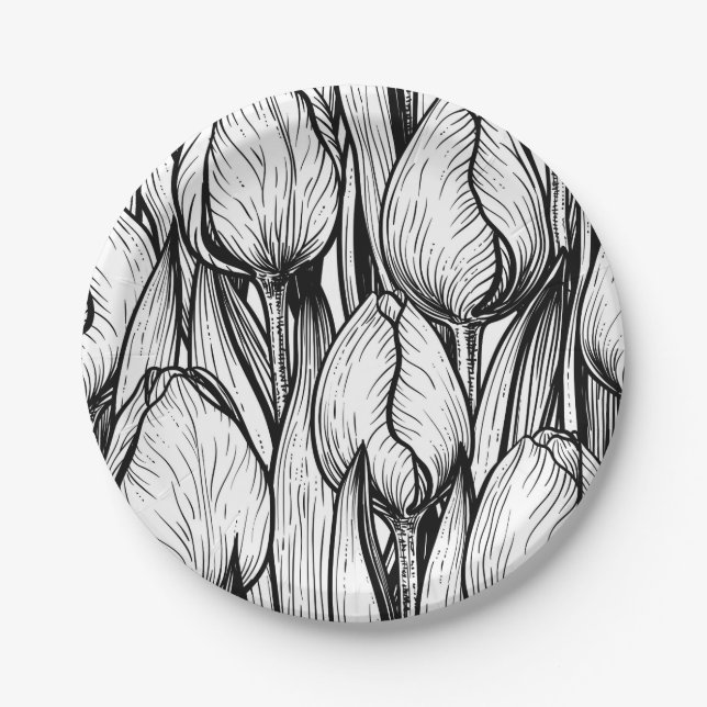 Tulips in black and white paper plate (Front)