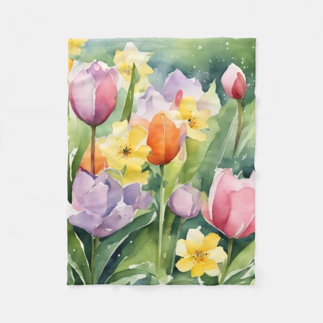 Tulips in Bloom watercolors Fleece Blanket (Front)