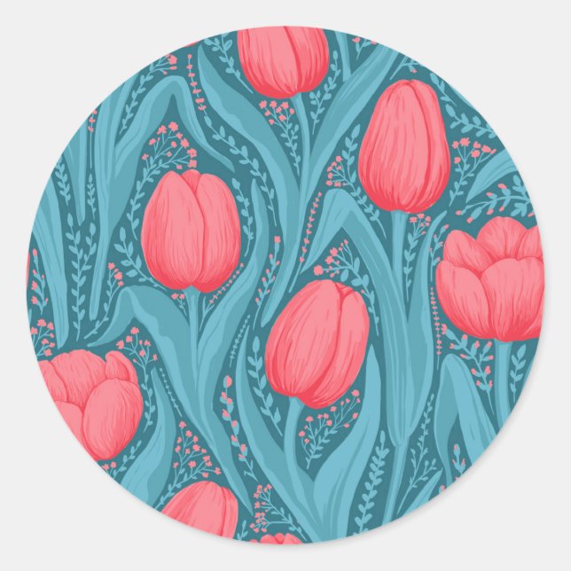 Tulips in blue and red classic round sticker (Front)