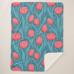 Tulips in blue and red sherpa blanket