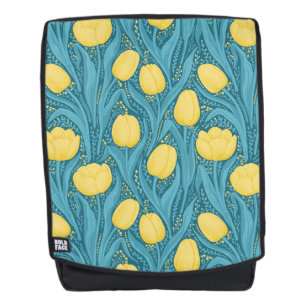 Tulips in blue and yellow backpack