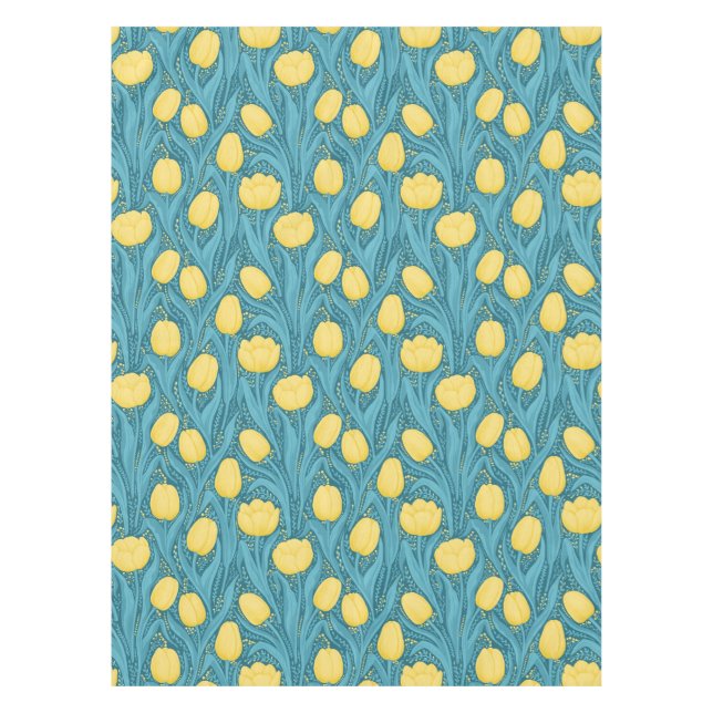 Tulips in blue and yellow tablecloth (Front)