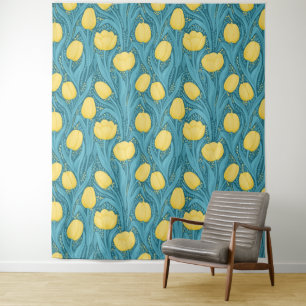 Tulips in blue and yellow tapestry