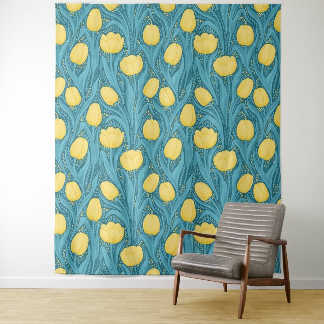 Tulips in blue and yellow tapestry (In Situ)