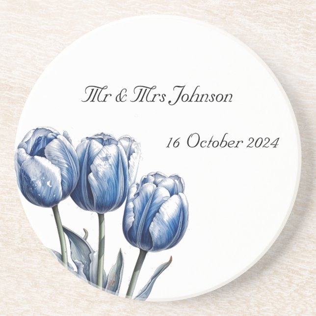 Tulips in Delft Blue customisable Coaster (Front)