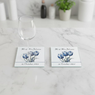 Tulips in Delft Blue customisable Glass Coaster