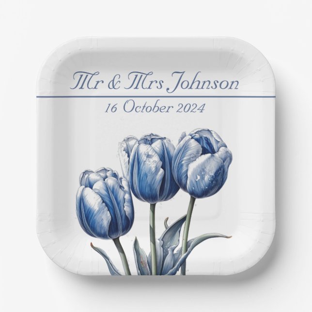 Tulips in Delft Blue customisable Paper Plate (Front)
