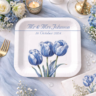 Tulips in Delft Blue customisable Paper Plate