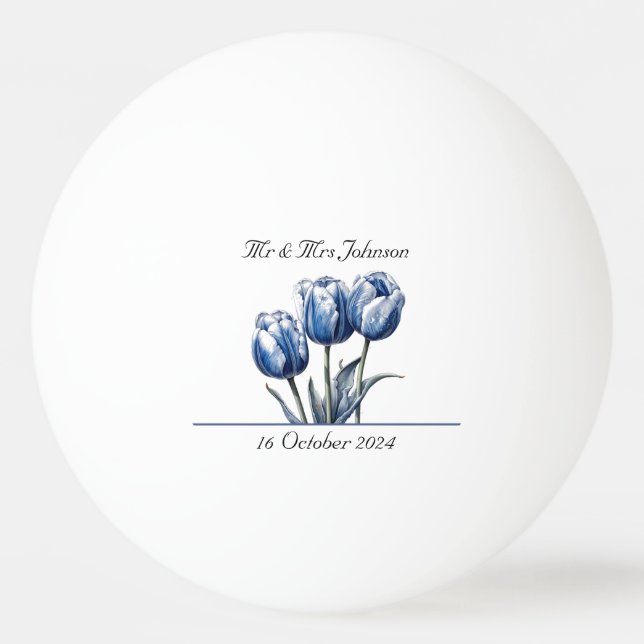 Tulips in Delft Blue customisable Ping Pong Ball (Back)