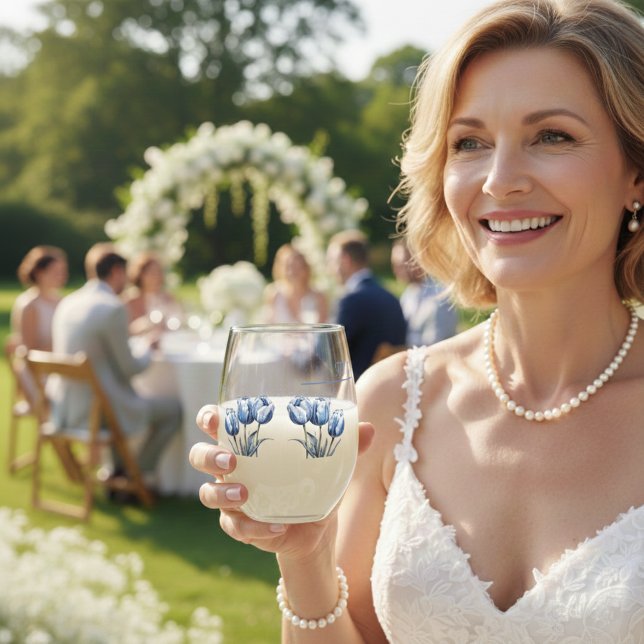 Tulips in Delft Blue customisable Stemless Wine Glass (Creator Uploaded)