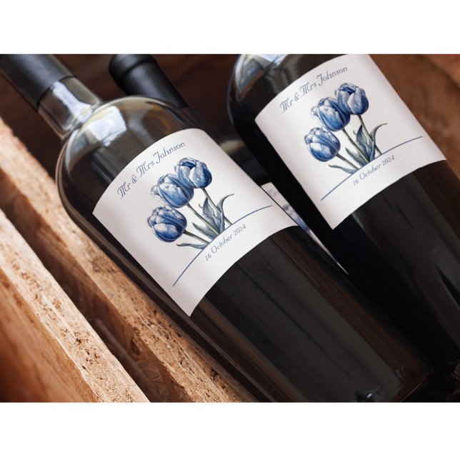 Tulips in Delft Blue customisable Wine Label (Creator Uploaded)