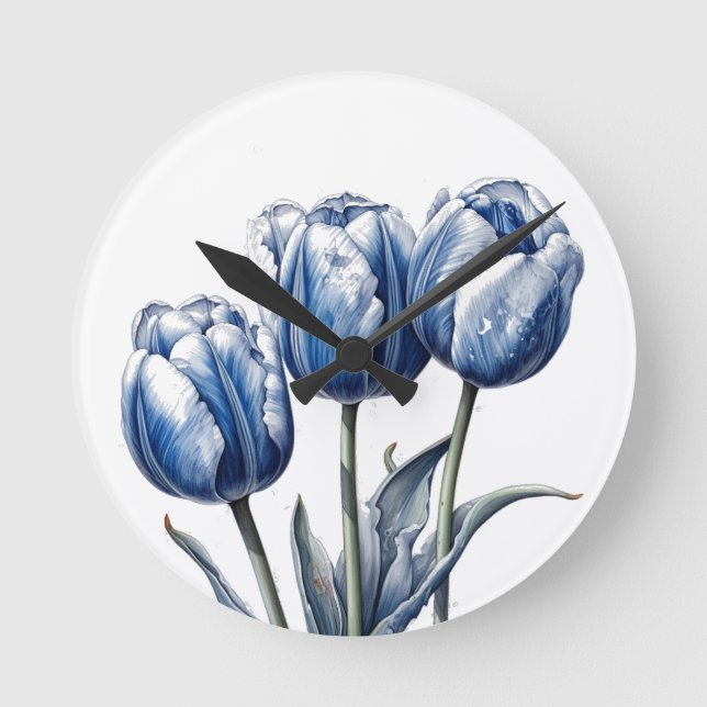 Tulips in Delft Blue  Round Clock (Front)
