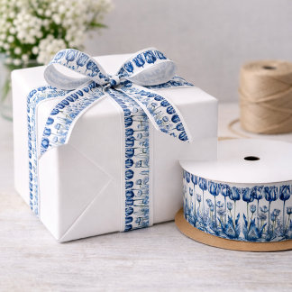 Tulips in Delft Blue Satin Ribbon