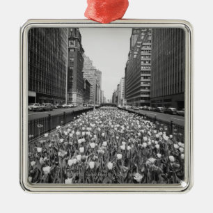 Tulips in middle of city street metal tree decoration
