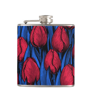 Tulips in red and blue hip flask