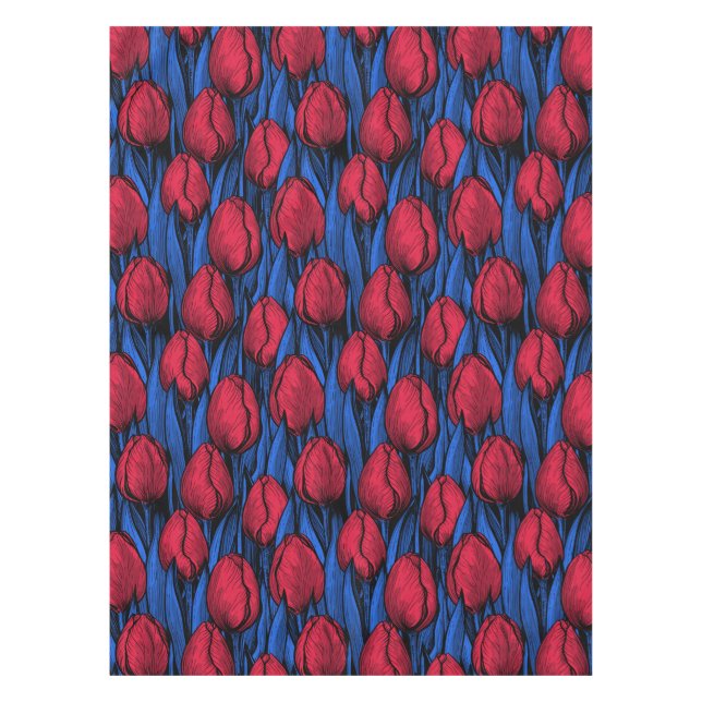 Tulips in red and blue tablecloth (Front)