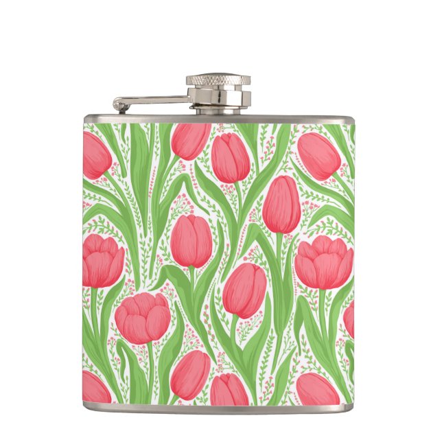 Tulips in red and green hip flask (Front)