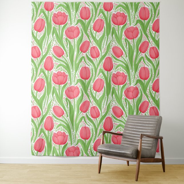 Tulips in red and green tapestry (In Situ)