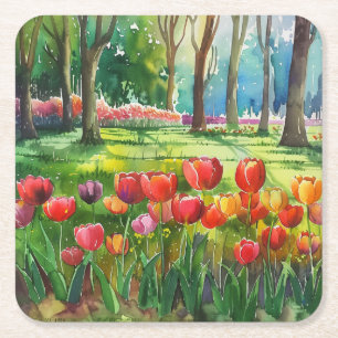 Tulips in The Park Square Paper Coaster