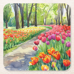 Tulips in The Park Square Paper Coaster