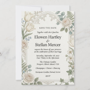 Tulips, Neutral Roses, Forget-Me-Nots, Eucalyptus, Invitation