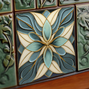 Tulips on Muted Blue Art Nouveau White Tile