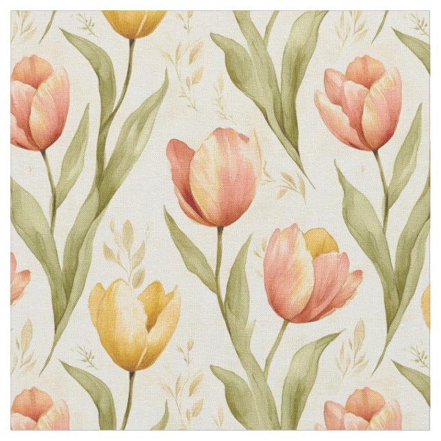 Tulips on Pale Yellow  Fabric (Close Up)
