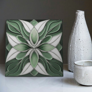 Tulips on Sage Symmetric Art Nouveau Ceramic Tile