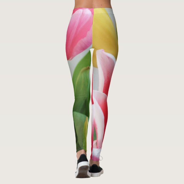 Tulips Pink Green Yellow Flowers Floral Leggings (Back)