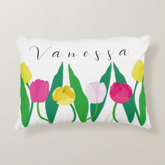 Tulips Pink Yellow Purple Green Modern Customize. Decorative Cushion