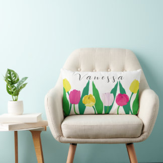 Tulips Pink Yellow Purple Green Modern Customize. Lumbar Cushion