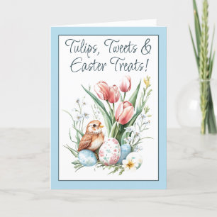 Tulips, Tweets & Easter Treats Blue Folded Holiday Card