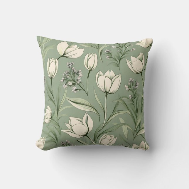 Tulips With Leaves On Light Sage Green Cushion (Front)