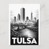 Tulsa Oklahoma Skyline Black White Woodcut