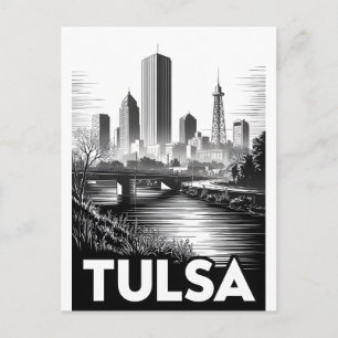 Tulsa Oklahoma Skyline Black White Woodcut Postcard
