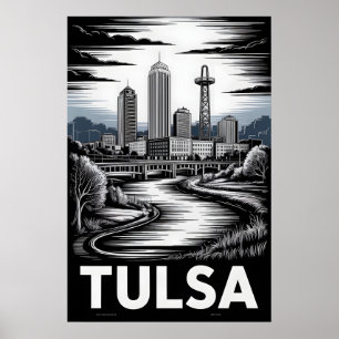 Tulsa Oklahoma Skyline Black White Woodcut Poster